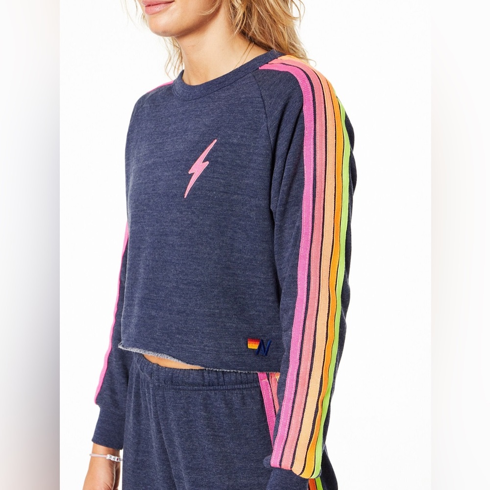Aviator Nation Neon Bolt Striped Cropped Sweatshirt